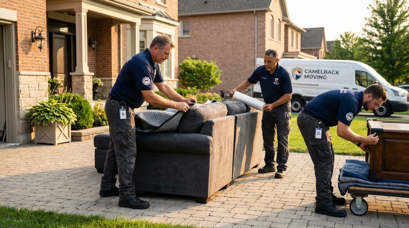 Large estate moving crew wrapping furniture in Southold, NY