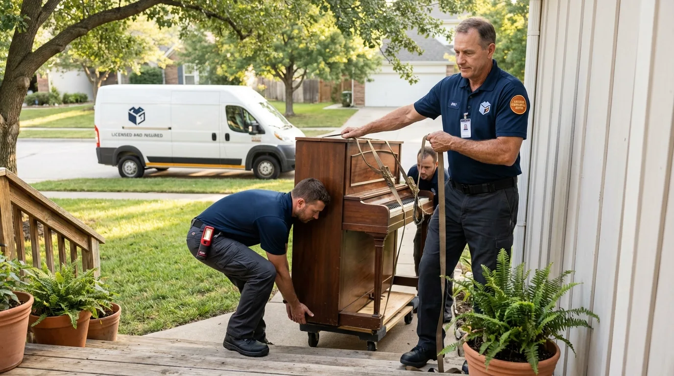 Licensed piano movers securing grand piano in Southold, NY
