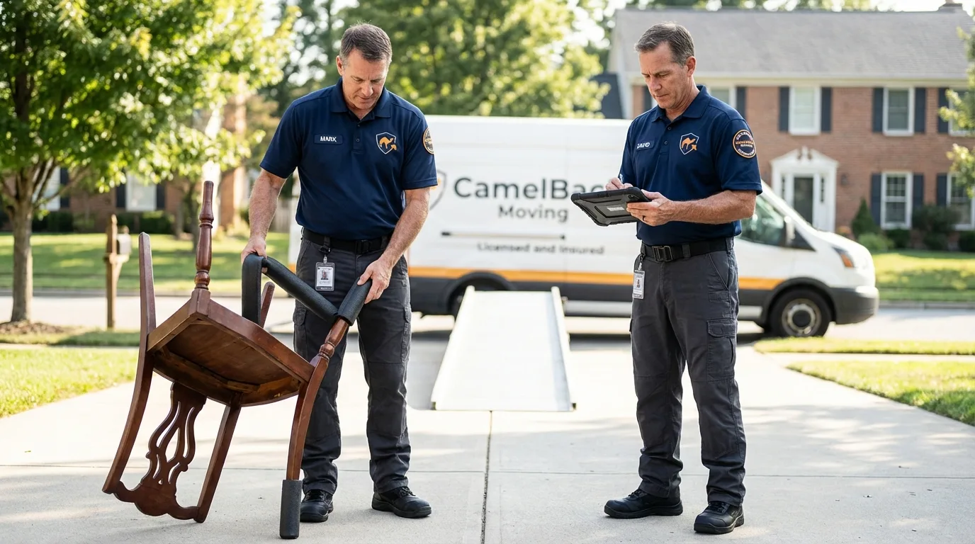 Movers inspecting furniture for damage prevention before loading in Southold, NY