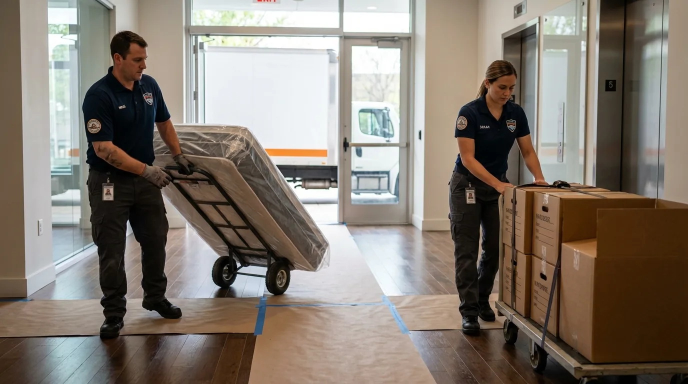 Professional apartment movers loading elevator in Southold, NY