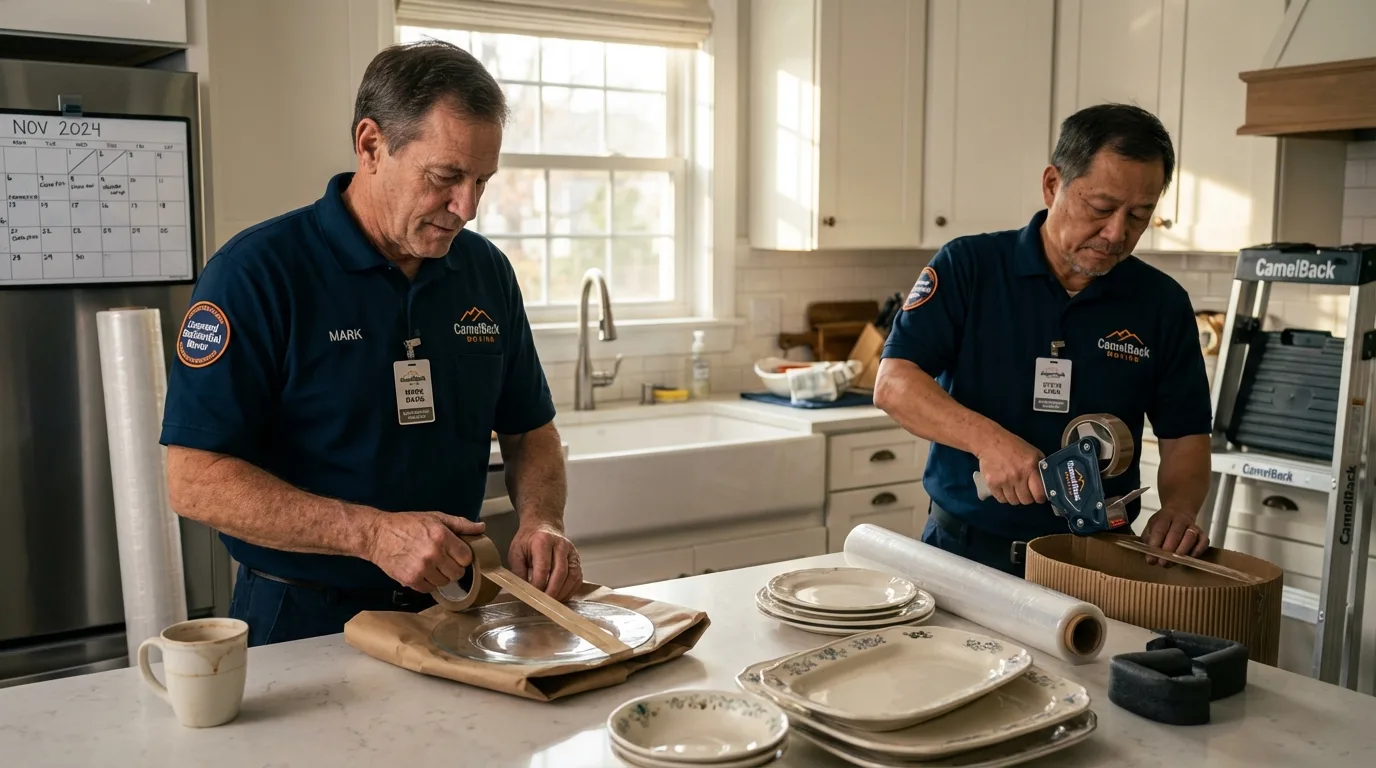 Professional crew packing kitchen dishware in Southold, NY